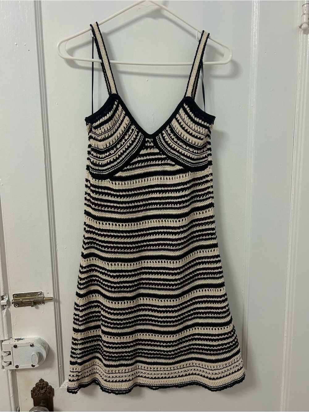 Zara Black and Cream Striped Knit Mini Dress - Spaghetti Strap